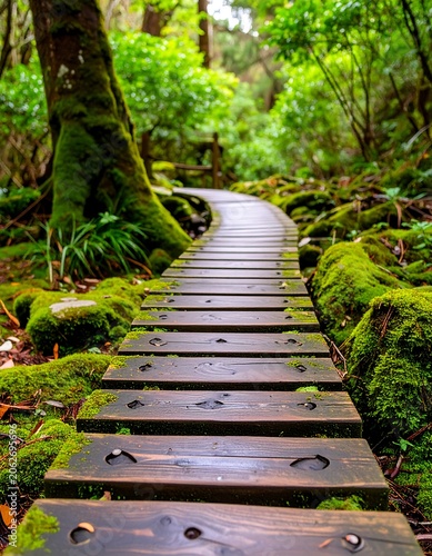 Wooden path winding through lush forest