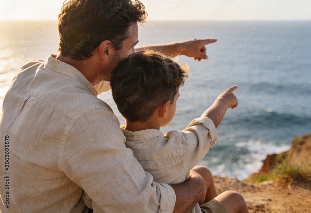 Obraz premium Father and son pointing at the ocean from a cliff. Man and young boy sitting together during golden hour. Family bonding and exploration concept