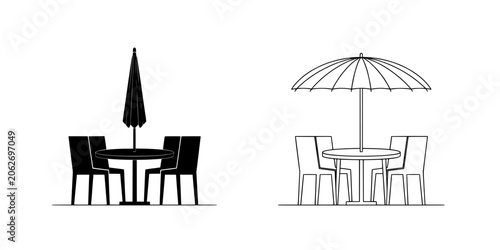 Canvastavla Table with Umbrella and Outdoor Dining Chairs on White Background in Minimalist