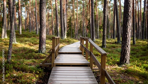 Wooden pathway through a pine forest