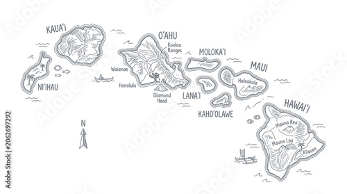 Fotografía Hand-drawn map of Hawaiian islands sketch, travel illustration