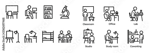 Education icons with classroom and desk outline