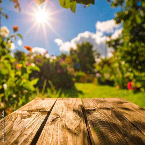 Wooden patio table outdoors in garden