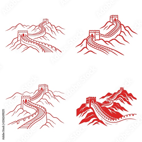 Great Wall of China icon featuring the world-famous historic fortification with watchtowers and winding architecture. Clean vector design ideal for travel, tourism, heritage, and educational projects.