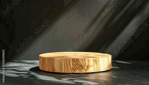 Wooden pedestal, sunlit backdrop