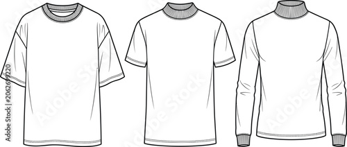 Принти на полотні Set of fashion technical sketches featuring oversized t-shirt, mock neck tee, an