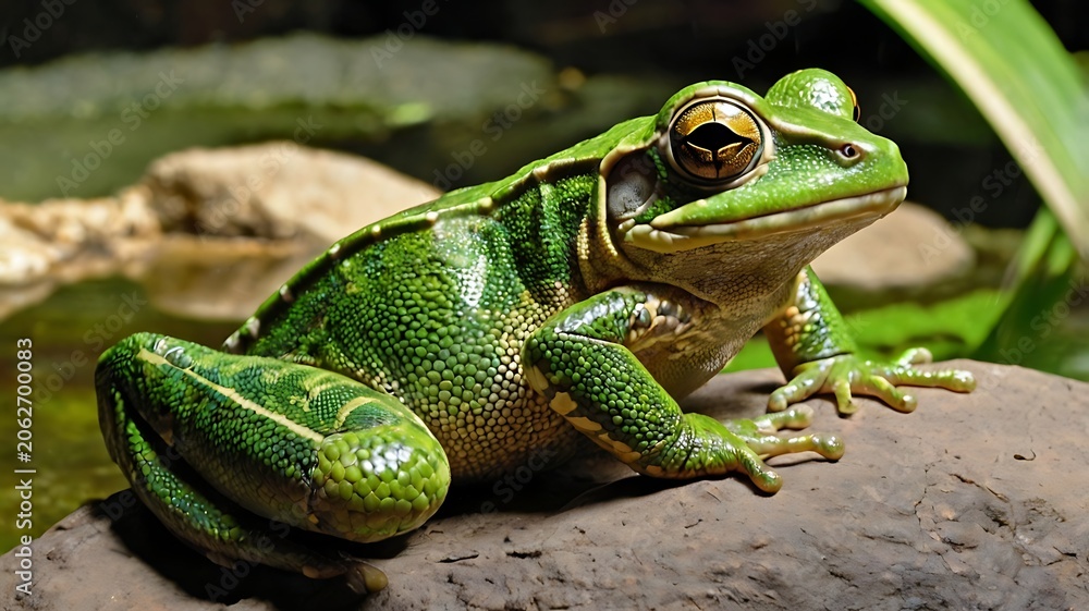 Fototapeta premium Green frog sitting on a rock in a natural environment with water and plants