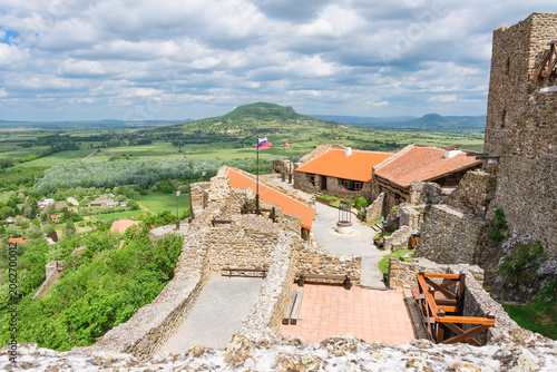 Hungary, Szigliget view from the ruins of Szigligeti var castle, landscape on a summer day from the top of the mountain.