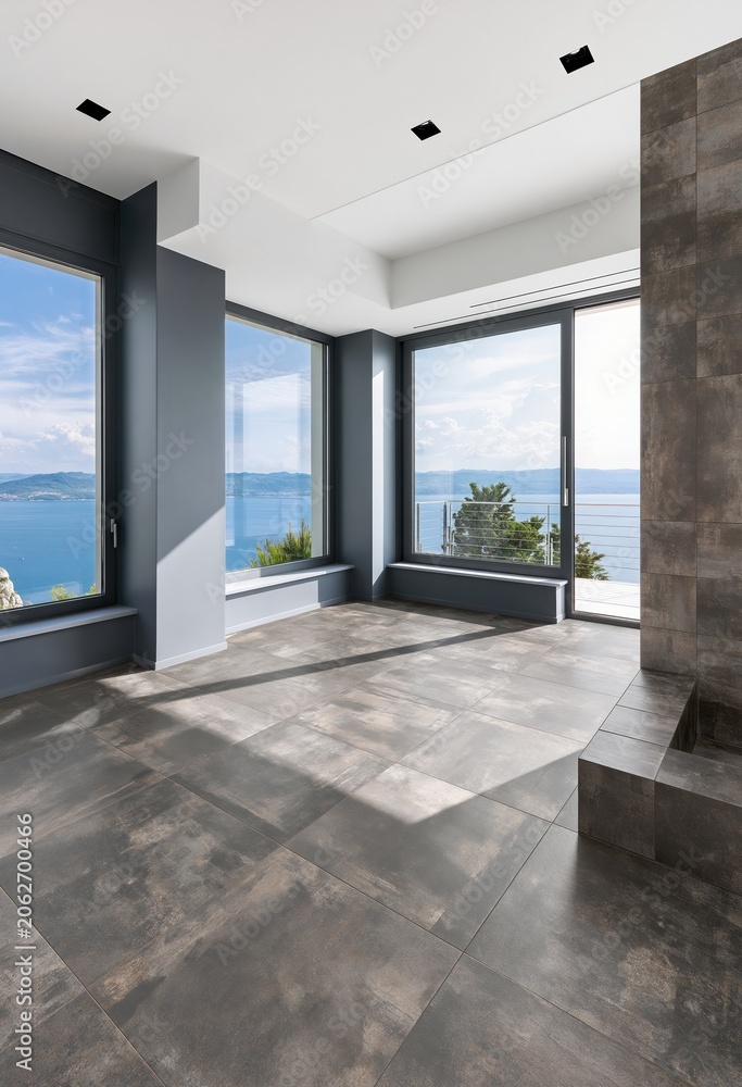 Fototapeta premium Spacious modern empty room with large windows and ocean view, interior design