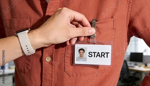 Close up of a hand adjusting an ID badge on a shirt pocket. New employee starting a job in a modern office. Onboarding and career beginning concept. Identification card with photo and start text