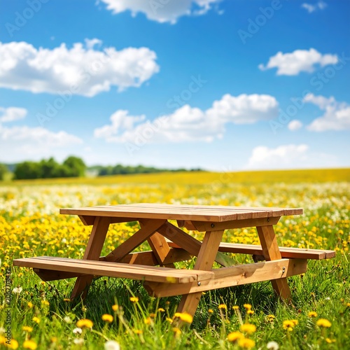 Wooden picnic table in a field of flowers