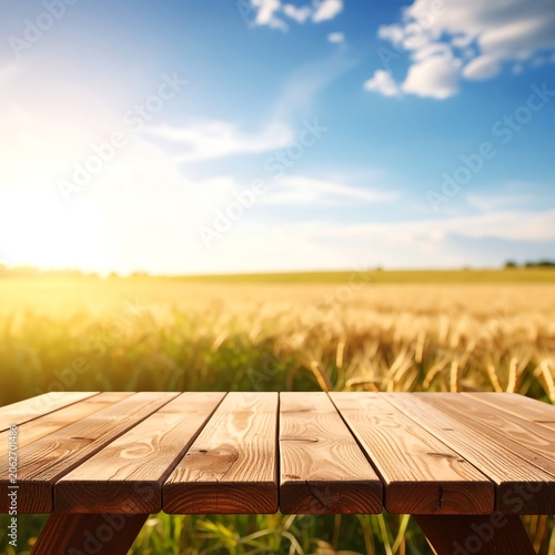 Wooden picnic table in a golden wheat field