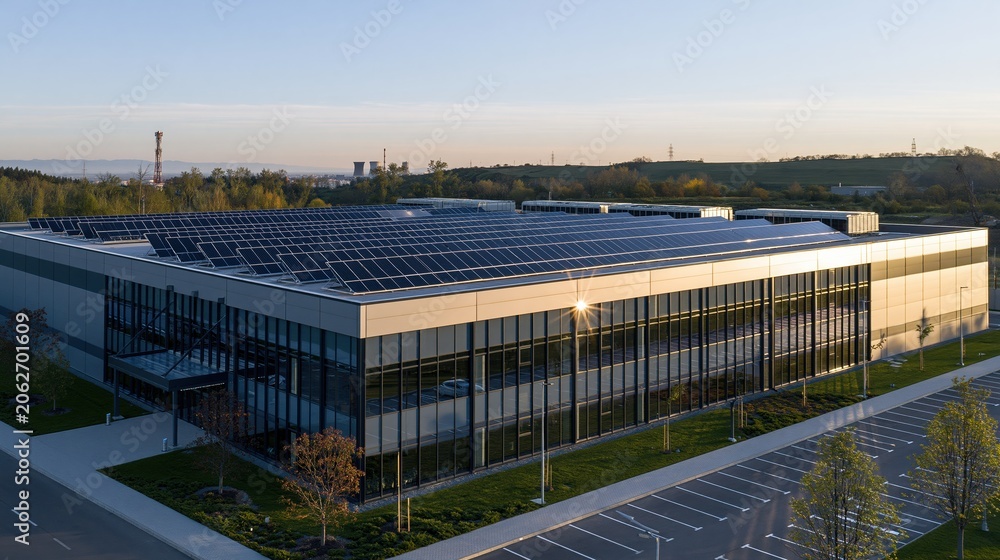 Obraz premium Modern commercial building with extensive solar panel array on roof, showcasing sustainable energy and eco-friendly architecture at sunrise.