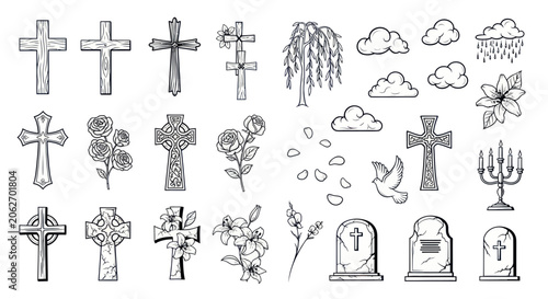 Foto Cemetery and funeral memorial icons with crosses headstones and flowers