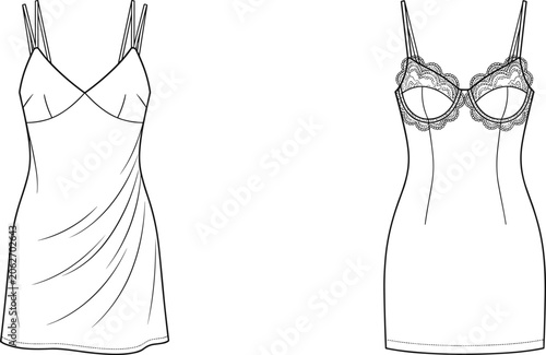Fotografie Technical flat sketches of women’s nightwear including a silk camisole slip dres