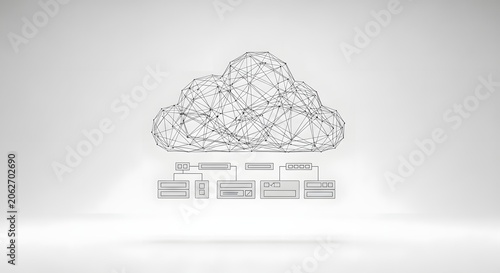 Cloud computing network concept with wireframe cloud and data server icons, digital infrastructure and storage technology, abstract white background
