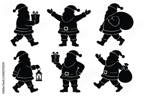 Santa Claus Silhouette Character Set, Black Christmas Holiday Icons Vector
