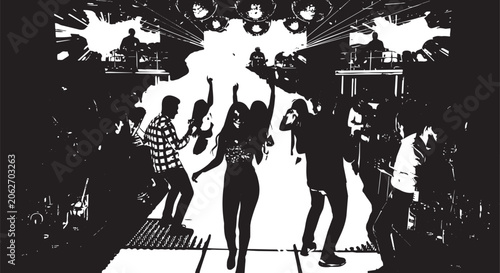 Foto Black and white silhouetted dancers performing on brightly lit stage silhouettes