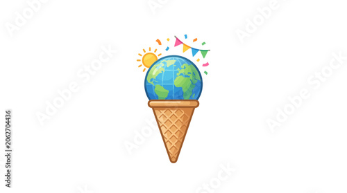 Earth ice cream cone with sun and party flags, global celebration concept
