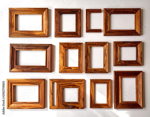 Wooden picture frames arranged on a white background