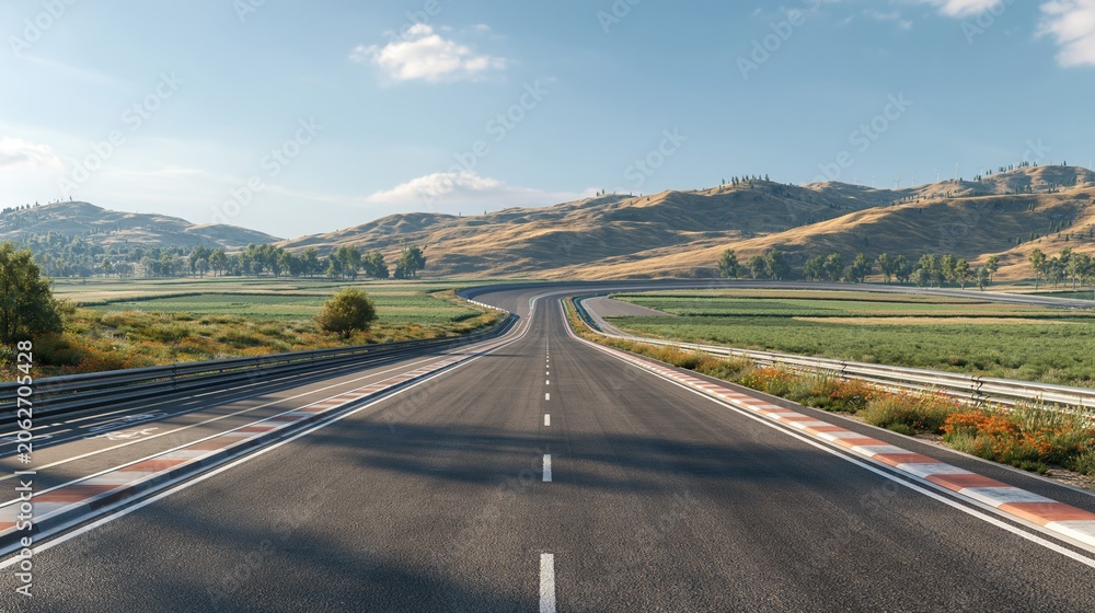 Obraz premium Scenic asphalt racetrack curving through rolling hills and green fields under a clear blue sky