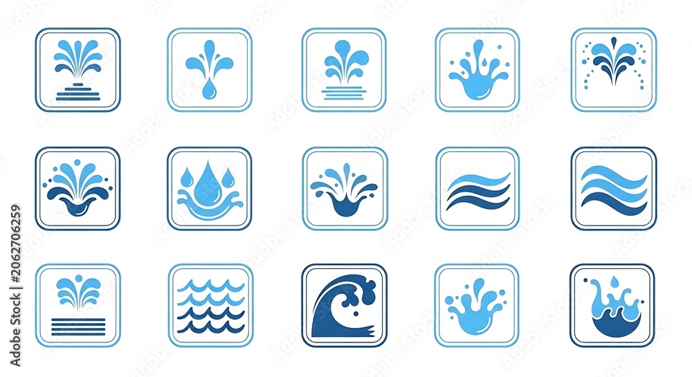 Fototapeta premium Set of blue water splash and wave icons in square frames with fountain, abstract