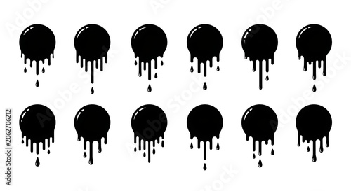 Set of circular black liquid paint drip icons with silhouette, dripping