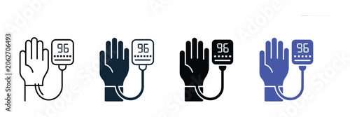 Schilderij op canvas Pulse oximeter icons featuring a hand with finger sensor device measuring oxygen saturation levels in minimalist medical vector styles