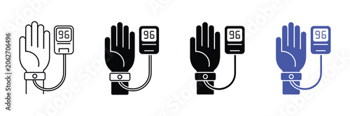Foto Medical pulse oximeter icons with finger sensor and hand illustrations representing oxygen saturation measurement, patient monitoring, and healthcare diagnostics