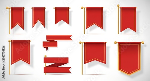 Red pennant flags and banners set with vertical decoration celebration