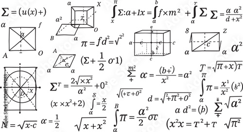 Billede på lærred Black mathematical equations and geometric diagrams on white background black te