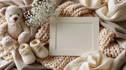 Cozy Newborn Baby Welcome Arrangement with Teddy Bear, Booties, and Blank Photo Frame