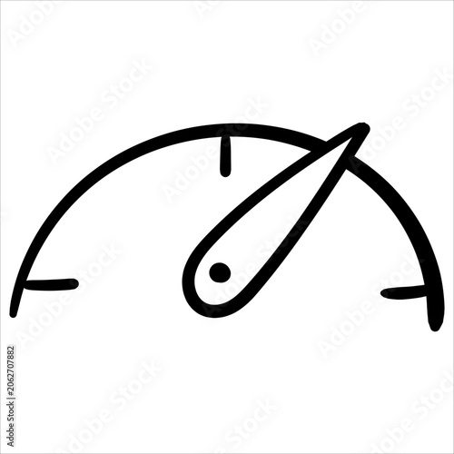 Hand-drawn gauge or speedometer doodle style. The needle points to a higher value, symbolizing speed, progress, or performance. Ideal for various design projects.