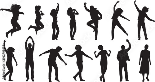 Photography Black silhouette dancers in various poses on white background black silhouettes