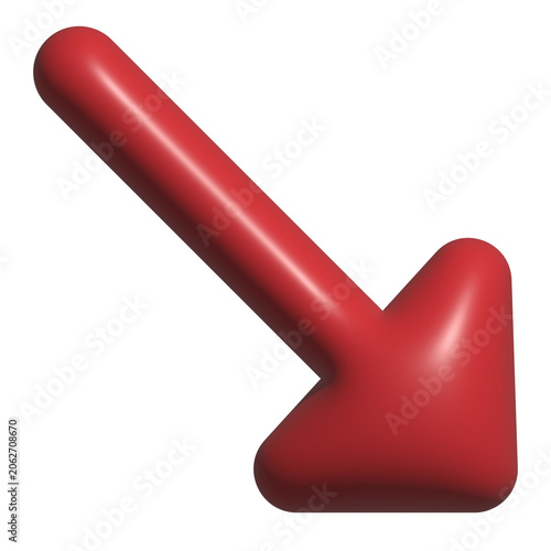 3D red downward arrow, glossy rounded pointing down right icon, financial decline and decrease concept, isolated illustration
