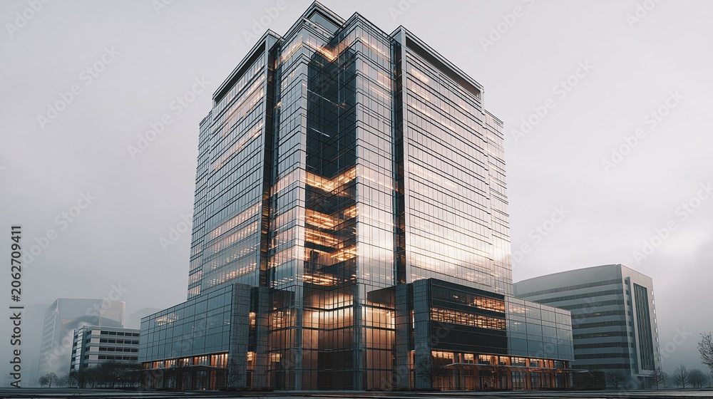 Fototapeta premium Modern Glass Skyscraper Office Building Reflecting Warm Light on a Cloudy Day