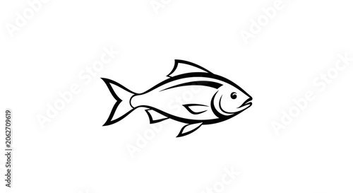Minimalist Outline Drawing of a Swimming Fish on Isolated White Background