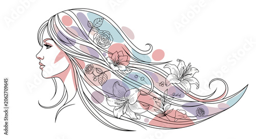 Elegant Woman Profile with Flowing Hair and Delicate Floral Design on Isolated White Background