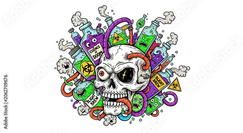 Intricate Skull Illustration Surrounded by Chemical Bottles and Biohazard Symbols on Isolated White Background