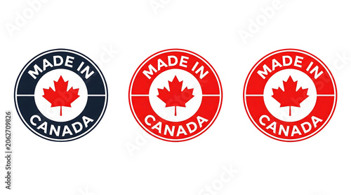 Three Made in Canada Logos with Maple Leaf on Black Background for Branding and Marketing