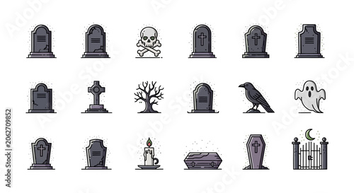 Collection of Halloween Graveyard Tombstone Icons and Spooky Elements on Isolated White Background