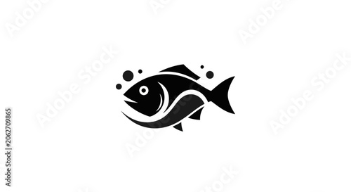 Simple Black Silhouette Fish Icon with Bubbles Swimming on Isolated White Background