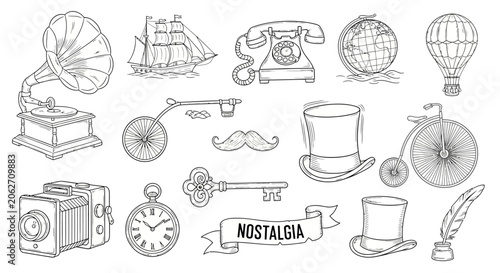 Vintage Hand-Drawn Doodle Collection of Nostalgic Retro Objects on Isolated White Background