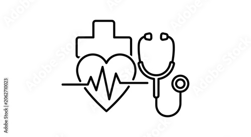 Line art icon of a heart with heartbeat and stethoscope, symbolizing healthcare, isolated white background.