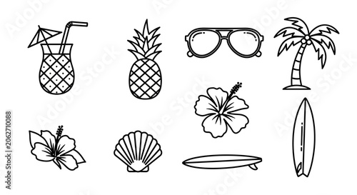 Set of black and white outline summer beach vacation icons, isolated white background.