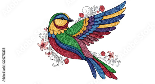 Vibrant colorful flying bird with detailed floral patterns, isolated white background.