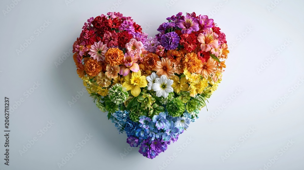 Naklejka premium Vibrant Rainbow Heart Shape Arrangement of Fresh Mixed Flowers on White Background