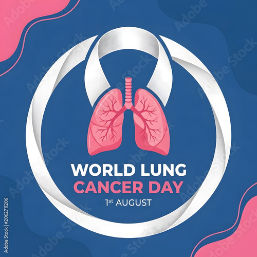 World Lung Cancer Day Awareness Ribbon with Lungs Illustration on August First Background
