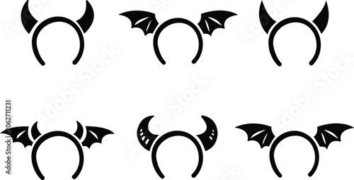 Obraz na plátne Silhouette icon set of 6 Halloween headbands featuring devil horns and bat wings for costume and party design
