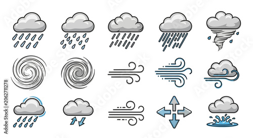 Large collection of cartoon weather icons depicting diverse conditions such as rain, snow, wind, clouds, and sun on an isolated white background.
